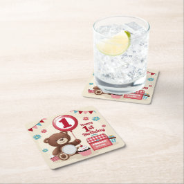 Nalle Picnic Lycklig 1:a födelsedag Papper plåt Underlägg Papper Kvadrat