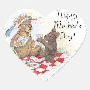 Nalle Picnic~ lycklig mors dag Stickers Hjärtformat Klistermärke