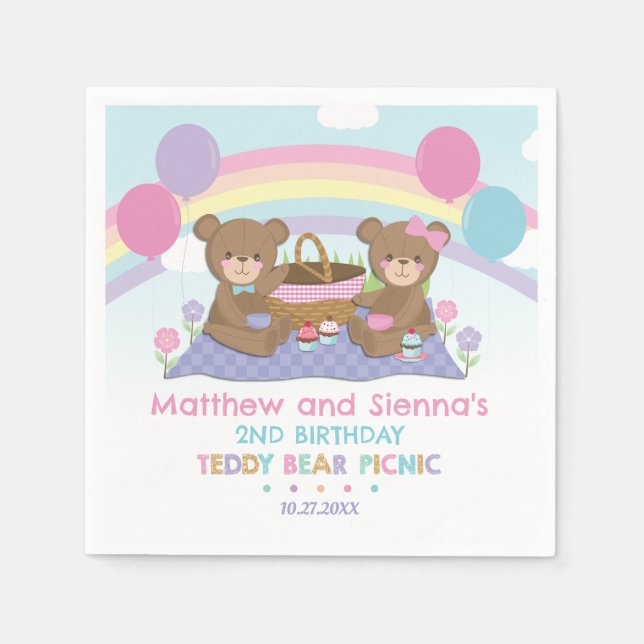 Nalle Picnic Rainbow Twillingars Boy Girl Birthday Pappersservett (Framsidan)