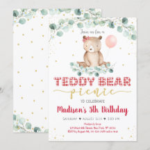 Nalle Picnic Red Guld Greenery Birthday