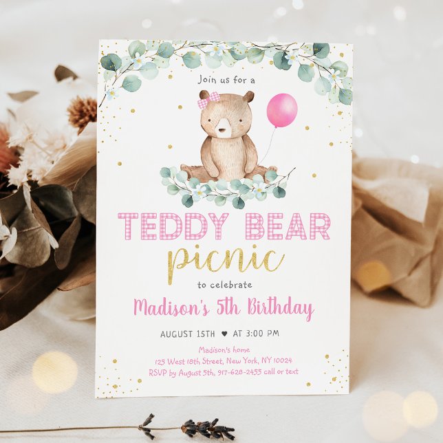 Nalle Picnic Rosa Blommigt Birthday Inbjudningar (Skapare uppladdad)