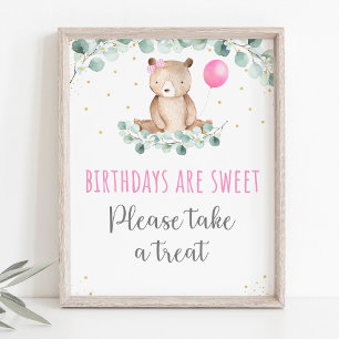 Nalle Picnic Rosa Blommigt Birthday Treat Sign Poster