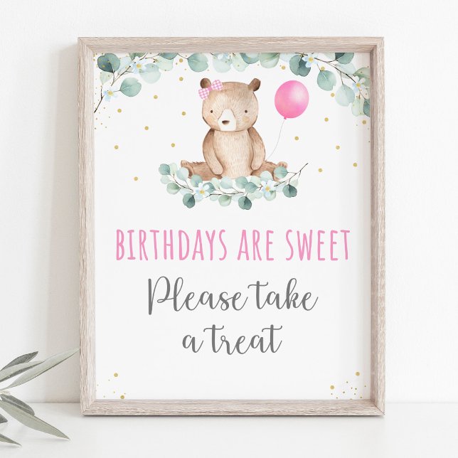 Nalle Picnic Rosa Blommigt Birthday Treat Sign Poster (Skapare uppladdad)