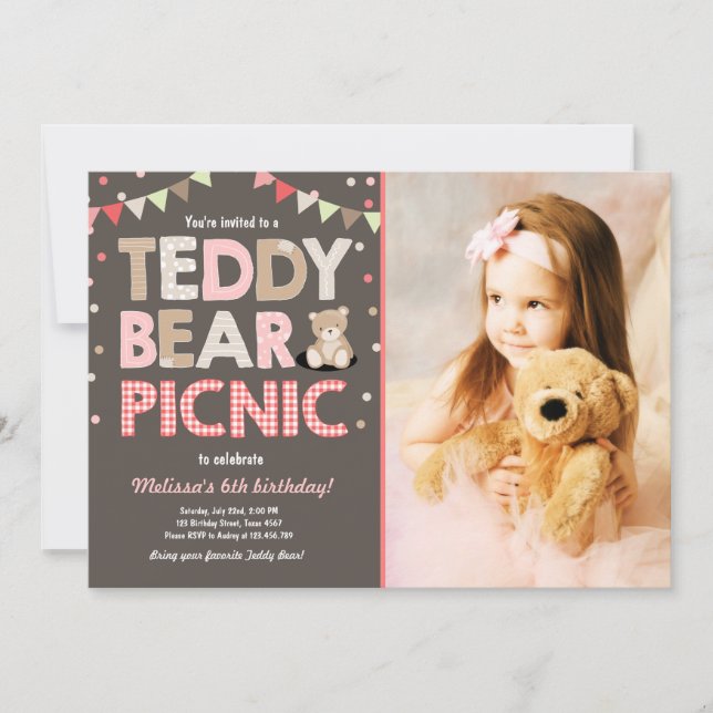 Nalle Picnic-Rosa för födelsedagsinbjudan Inbjudningar (Framsida)