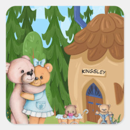 Nalle Picnic Village Personlig Fyrkantigt Klistermärke