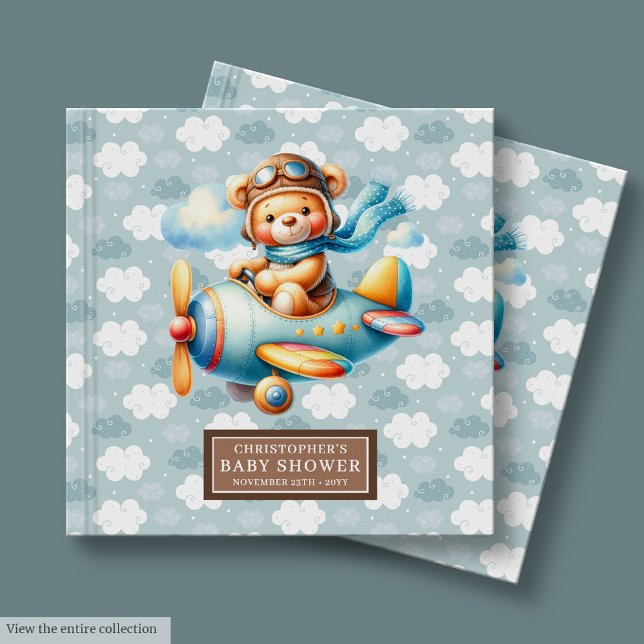 Nalle Pilot Baby Shower Guest Bok (Adorable Teddy Bear Pilot Baby Shower Guest Book Custom)