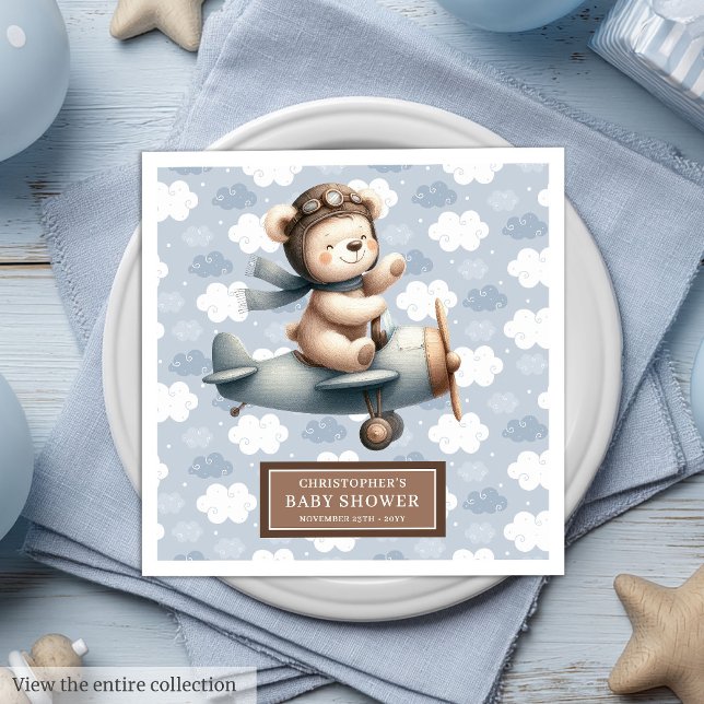 Nalle Pilot Baby Shower Napkins Personlig Pappersservett (Teddy Bear Pilot Baby Shower Napkins Personalized)