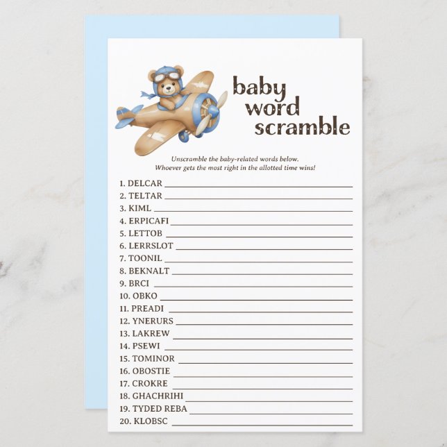 Nalle Pilot Baby Shower Ord Scramble Game (Fram/baksida)