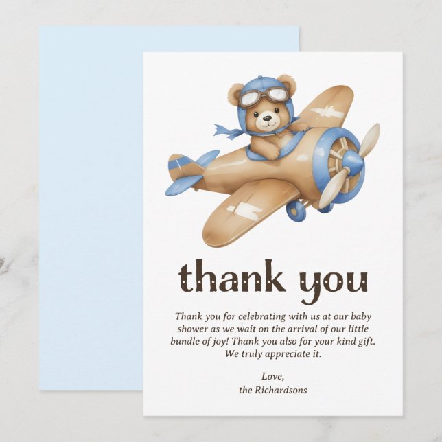 Nalle Pilot Boy Baby Shower Tack Kort (Fram/baksida)