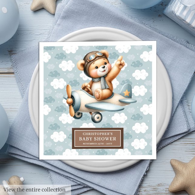 Nalle Pilot för  av blöjor i pojke Pappersservett (Baby Boy Shower Napkins Teddy Bear Pilot Design)
