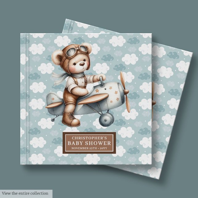 Nalle Pilot för Blue Brown Baby Shower Guest Bok (Blue Brown Baby Shower Guest Book Teddy Bear Pilot)