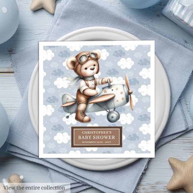 Nalle Pilot Napkins Personlig Baby Shower Pappersservett (Teddy Bear Pilot Napkins Personalized Baby Shower Event)
