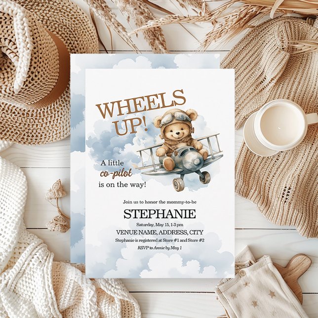 Nalle Pilot på hans väg Pojke Inbjudningar (Teddy bear and airplane baby boy baby shower invitation)