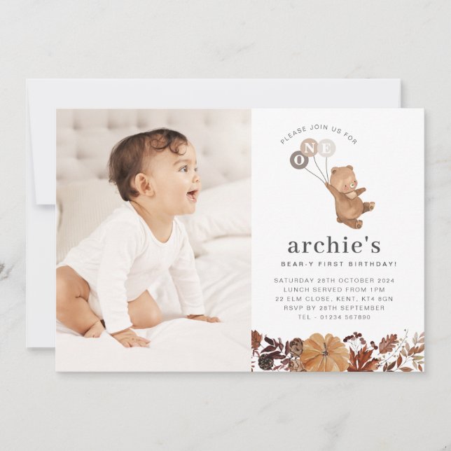 Nalle Pumpkin - 1:a födelsedagsinbjudan om foto Inbjudningar (Framsida)