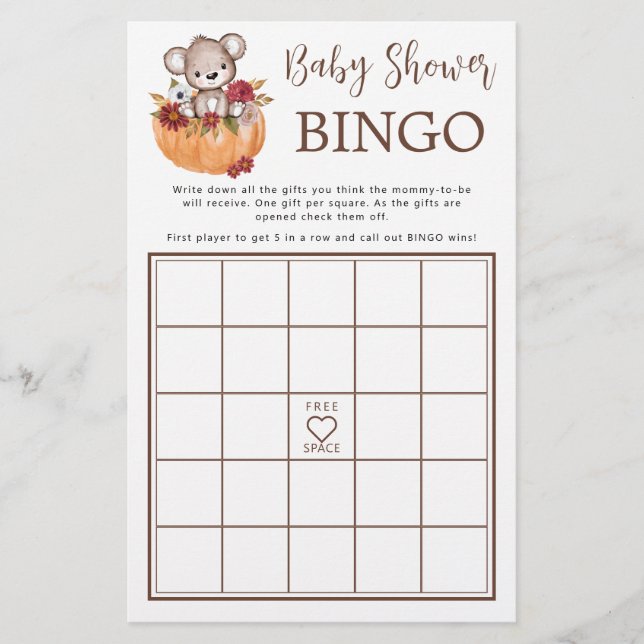 Nalle Pumpkin Fall Baby Shower Bingo Game (Framsida)