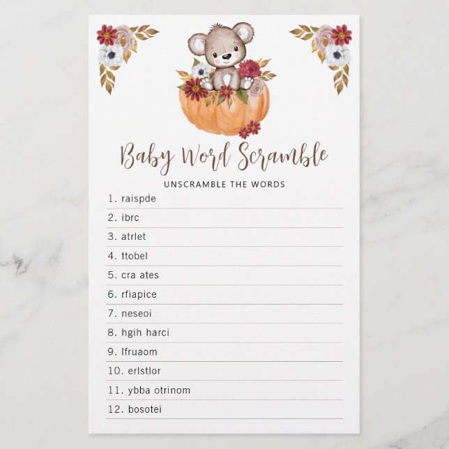 Nalle Pumpkin Fall Baby Shower Ord Game (Framsida)