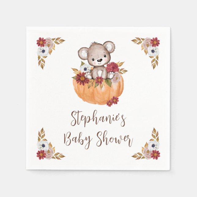 Nalle Pumpkin Fall Blommigt Baby Shower Pappersservett (Framsidan)