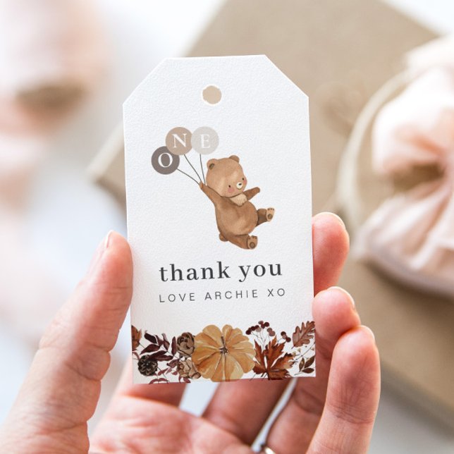 Nalle Pumpkin - Tack 1:a födelsedagen Presentetikett (Teddy Bear Pumpkin - 1st Birthday Thank You Gift Tags)