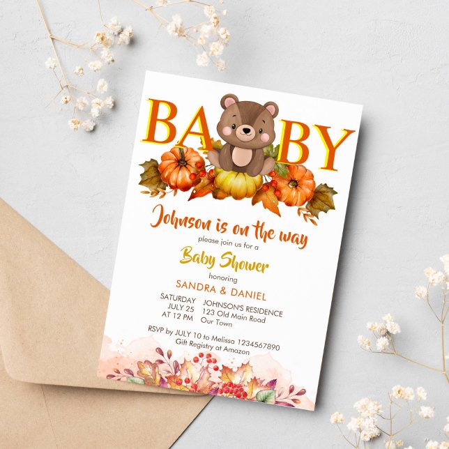Nalle pumpor faller babydusch söt teddy inbjudningar (Pumpkin fall baby shower cute teddy bears and autumn foliage invitations instant download)