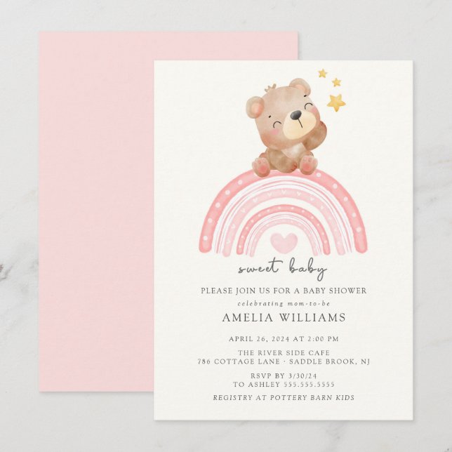 Nalle Rainbow Baby Shower Inbjudningar (Fram/baksida)