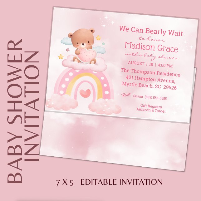 Nalle Rainbow Girls Baby Shower Inbjudningar (Skapare uppladdad)