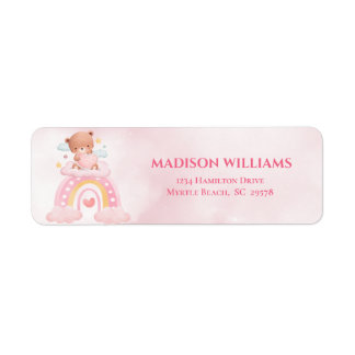 Nalle Rainbow Girls Baby Shower Returadress Etikett