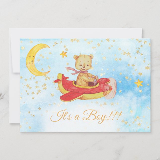*~* Nalle Red Flygplan Baby Stars Boy Shower Inbjudningar (Framsida)