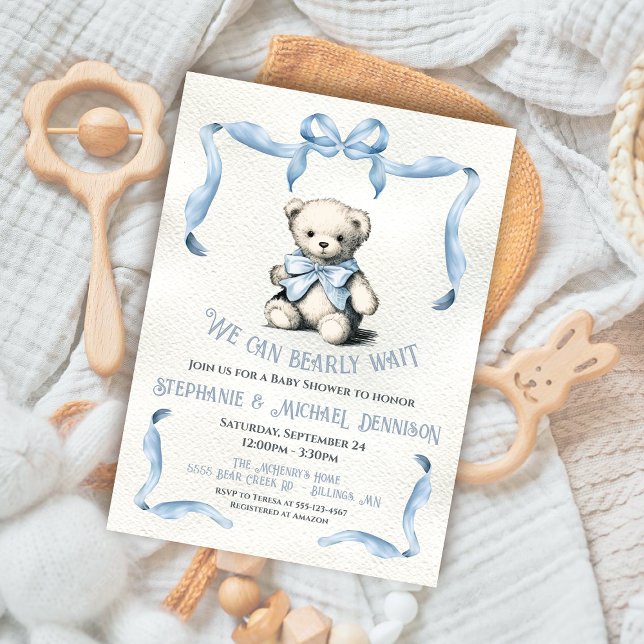 Nalle Ribbon-buggdusch för vattenfärg för babydusc Inbjudningar (Skapare uppladdad)