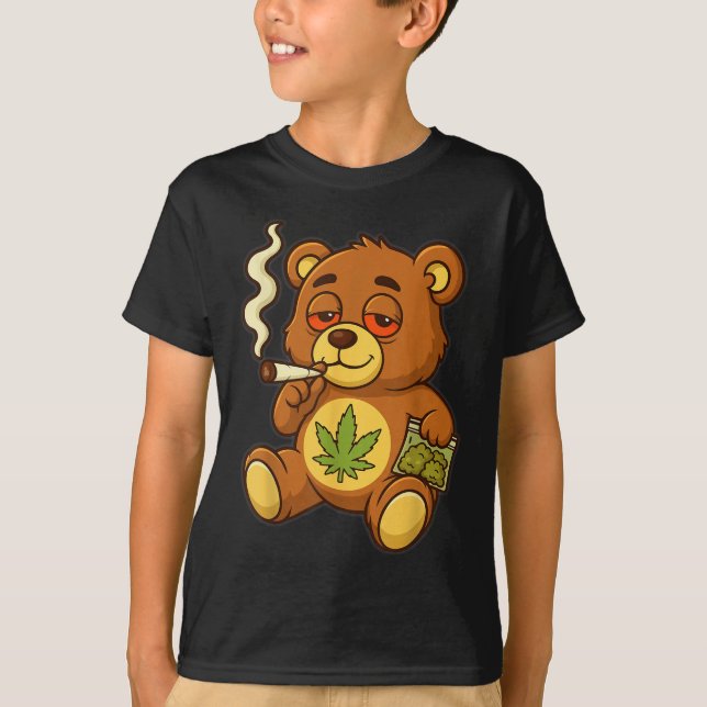 Nalle Rökbjörn Ogräs med gemensam Löv T Shirt (Framsida)