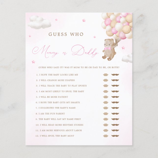 Nalle Rosa Baby Shower Mamma eller pappa Game (Framsida)