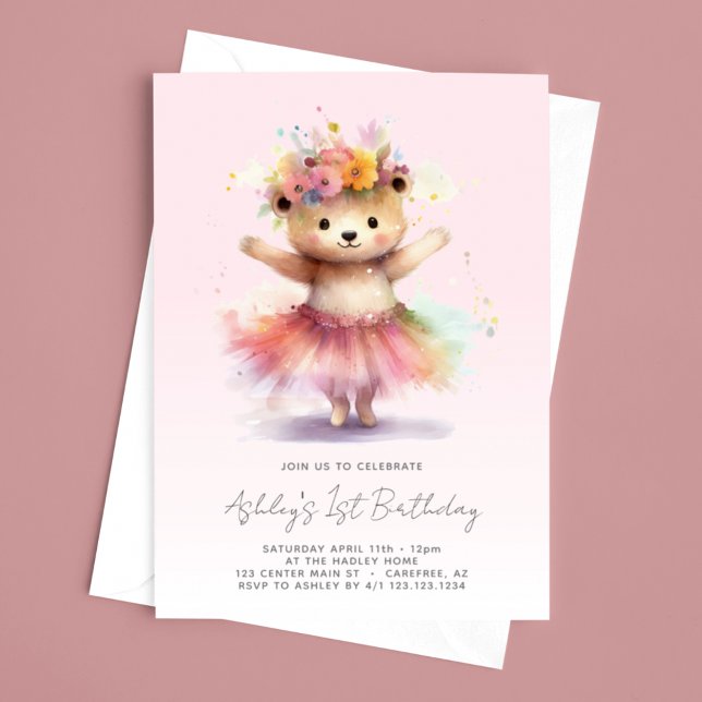 Nalle Rosa Ballerina 1:a födelsedag Inbjudningar (Skapare uppladdad)