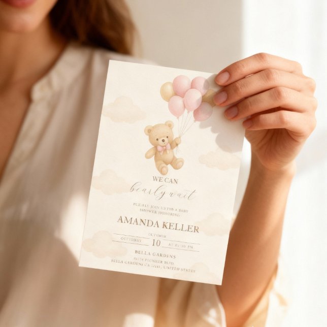 Nalle Rosa Ballon Baby Shower Inbjudningar (Skapare uppladdad)