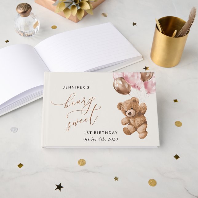 Nalle, Rosa ballonger, första födelsedag Gästböcker (Framsida öppen)