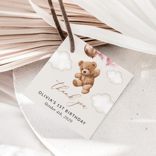 Nalle, Rosa ballonger, första födelsedag Gåvor Etiketter (Skapare uppladdad)