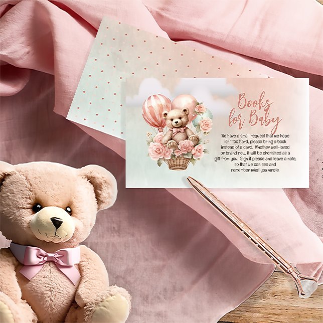 Nalle Rosa Balloon Baby Shower Bokar för Baby Tilläggskort (Teddy Bear in a Hot Air Balloon with Pink Flowers  Girl Baby Shower Books for Baby Cards)