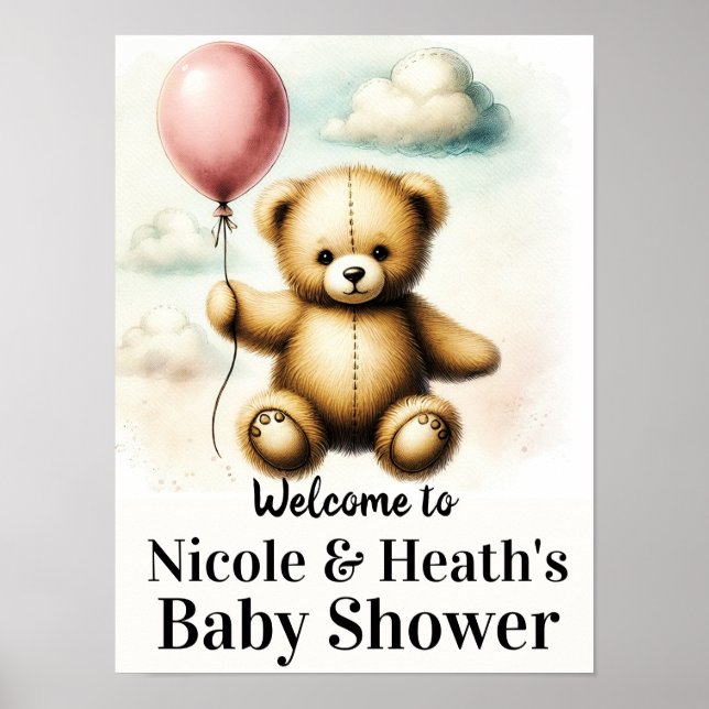 Nalle Rosa Balloon Baby Shower-skylt Poster (Framsidan)