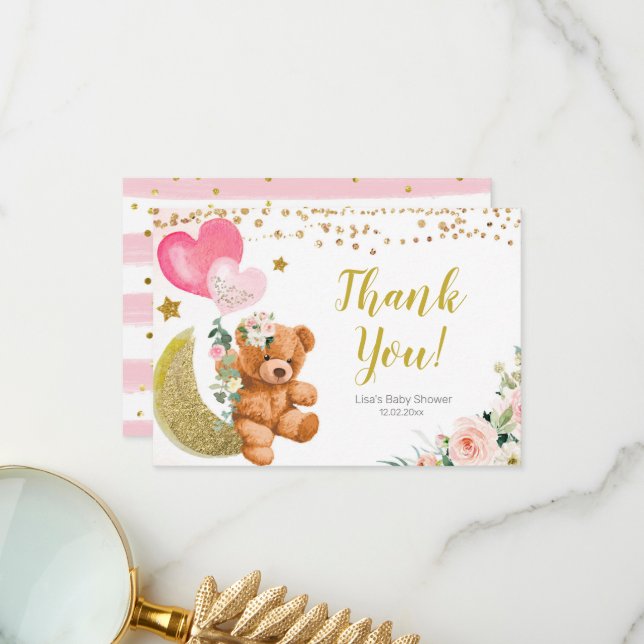 Nalle Rosa Balloon Baby Shower Tack ditt kort (Fram/Back In Situ)