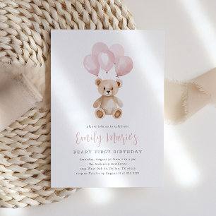 Nalle Rosa Balloon Beary First Birthday Inbjudningar