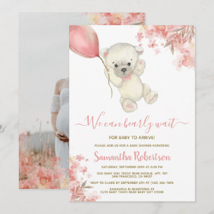 Nalle Rosa Balloon Girl Baby Shower Photo Inbjudningar