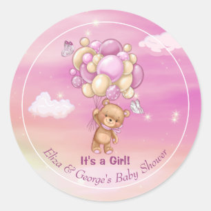 Nalle Rosa Balloons Girl Baby Shower Runt Klistermärke