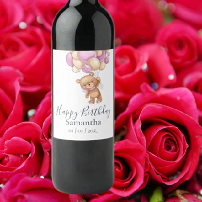 Nalle Rosa Balloons Girl Födelsedagsfest Vinflaska Etikett (Celebrate her special day with a charming Teddy Bear Pink Balloons Girl Birthday Party wine label)