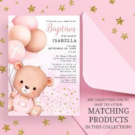 Nalle Rosa Balloons Guld Stars Baptism Inbjudningar