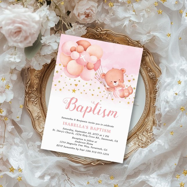 Nalle Rosa Balloons Guld Stars Baptism Inbjudningar (This cute baptism invitation for girls features a teddy bear being carried away by balloons.)