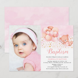 Nalle Rosa Balloons Guld Stars Photo Baptism Inbjudningar