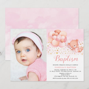 Nalle Rosa Balloons Guld Stars Photo Baptism Inbjudningar
