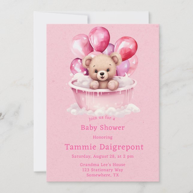 Nalle Rosa Bathtub Balloons Girl Baby Shower Inbjudningar (Framsida)
