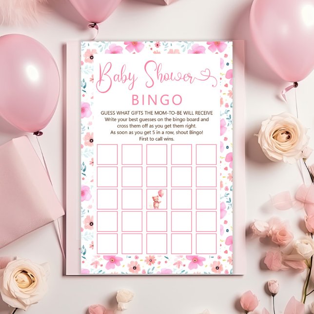 Nalle Rosa Blommigt Baby Shower Bingo Game (Skapare uppladdad)