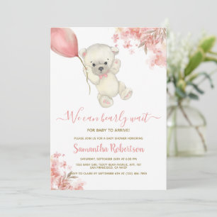 Nalle Rosa Blommigt Balloon Girl Baby Shower Inbjudningar