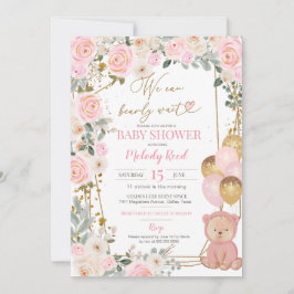 Nalle Rosa Blommigt Balloons Girl Baby Shower Inbjudningar