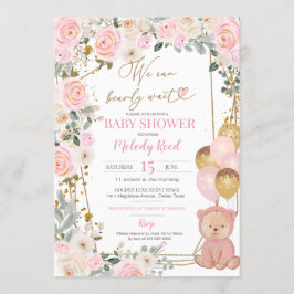Nalle Rosa Blommigt Balloons Girl Baby Shower Inbjudningar
